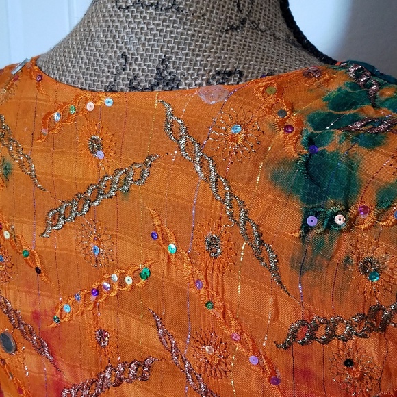 Indian summery tunic dress beautiful detail Medium orange red green - Picture 7 of 7